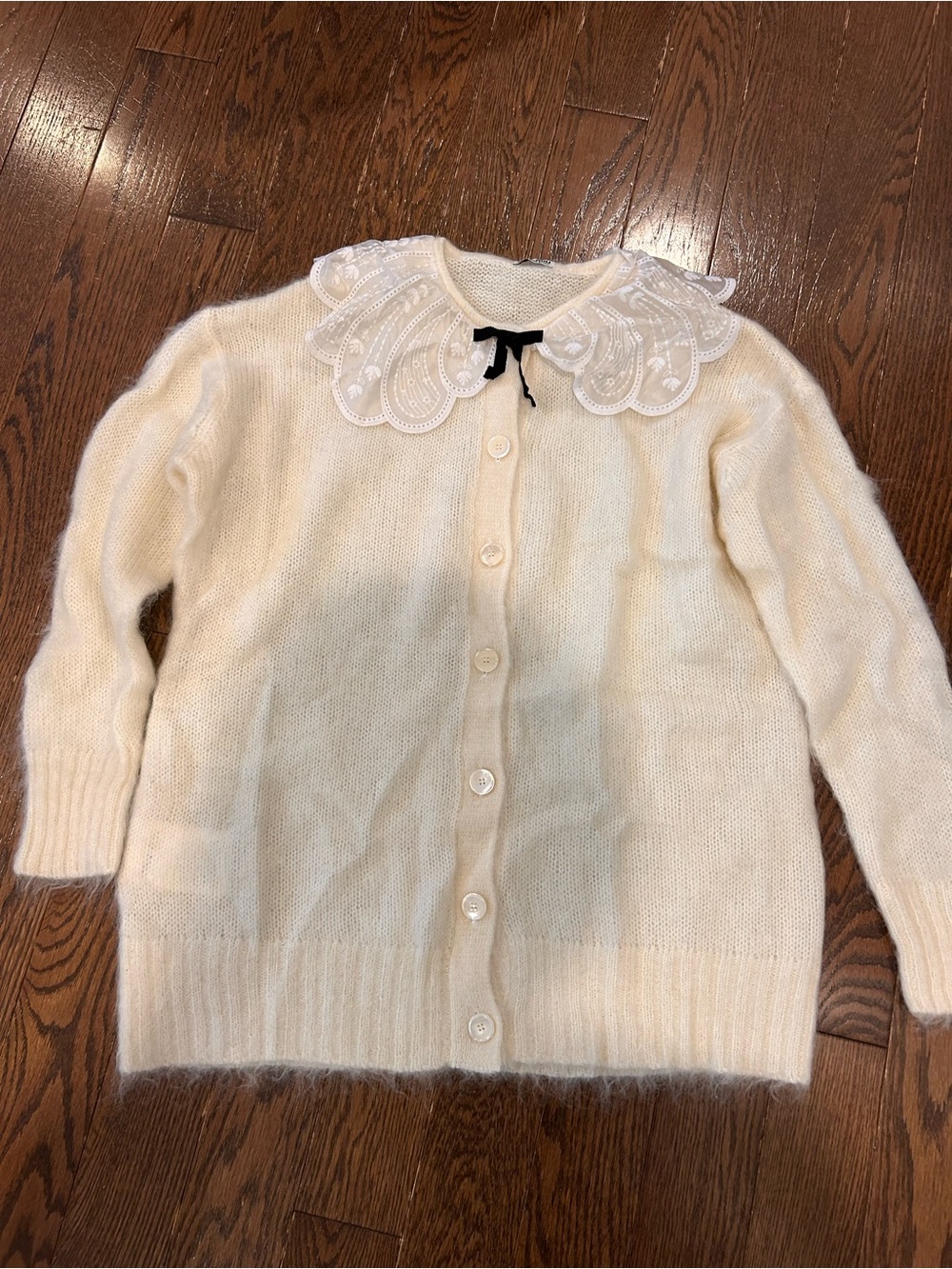 Miu Miu Cream Cardigan with Embroidered Lace Collar and Black Bow